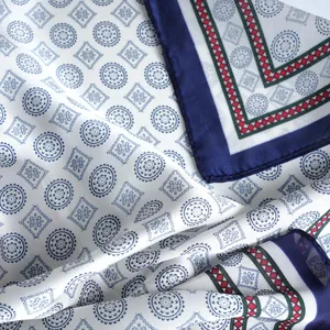 70cm silk-like square scarf with geometric circular pattern and navy blue border