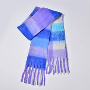 Detail of soft rainbow plaid scarf with long tassels in cool blue and purple tones