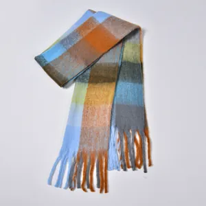 Detailed close-up of rainbow plaid scarf showing thick textured fabric and fringe tassels