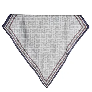 70cm elegant square silk scarf with navy geometric patterns and red serrated edge