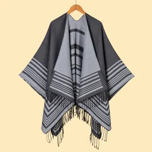 Women Retro Striped Tassel Poncho Shawl Cashmere Like Warm Geometric Knit Wrap Cape For Winter Autumn Elegant Lady Scarf