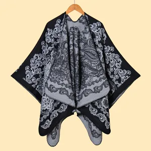 Retro paisley jacquard knit poncho for women in black and grey soft cashmere-like fabric