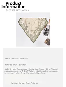 Detail view of 70x70cm floral satin scarf with bird print and 100% polyester material specs