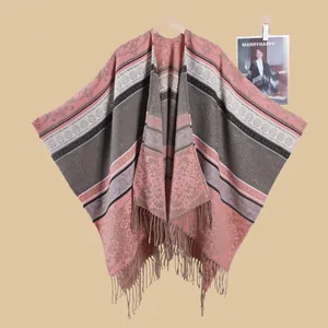 Bohemian vintage knit shawl with floral patterns, stripes, and tassels for women travel