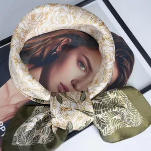 Elegant satin floral square scarf with gold rose patterns and olive green leaf edges