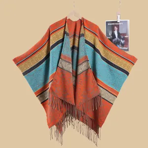 Women's Bohemian Tassel Shawl Poncho Vintage Floral Stripe Print Open Front Knit Wrap For Travel Photography