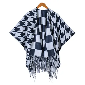 Retro Tinten-Stil dicker doppelseitiger Schal-Cape mit Hahnentritt und Fransen-Details