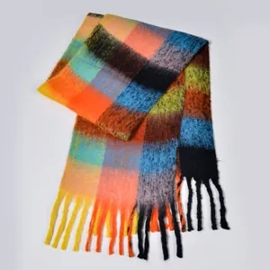 Women Men Winter Thickened Rainbow Plaid Scarf With Tassels Soft Warm Polyester Checkered Scarf For Everyday Wear Outdoor Commuting