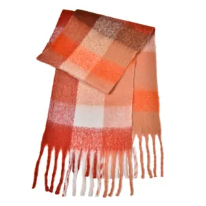 Rainbow plaid thick scarf with orange and brown tassels for autumn and winter warmth