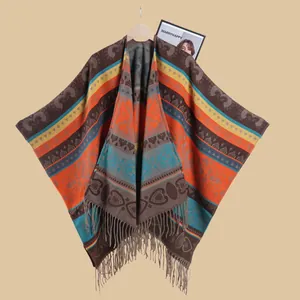 Women Ethnic Tassel Poncho Cloak Cashmere Like Acrylic Polyester Jacquard Bohemian Shawl Wrap For Winter Travel