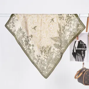 Elegant floral and bird print satin square scarf in olive green and beige colors