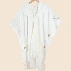 Bohemian Women Hooded Knit Poncho Shawl With Tassels Wood Buttons Retro Acrylic Pointelle Cable Knitted Cloak Outerwear
