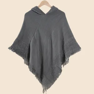 Poncho Femme En Tricot À Capuche Avec Glands Bohème Acrylique Chaud Couleur Unie Cape Pour Automne Hiver Quotidien