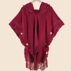 Women's burgundy bohemian hooded knit shawl cape with tassels and wooden buttons