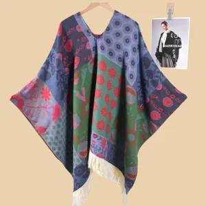 Women Bohemian Floral Color Block Poncho Shawl With Tassels V-Neck Warm Knit Wrap For Autumn Winter Everyday Accessory