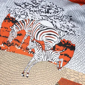 70cm zebra print satin square scarf with artistic wildlife pattern and orange accents