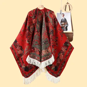 Women's Ethnic Floral Jacquard Poncho Shawl Vintage Warm Thick Cape With Tassels Bohemian Open Front Pullover Wrap