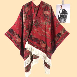 Deep red floral knit shawl with vintage jacquard patterns and thick white tassels