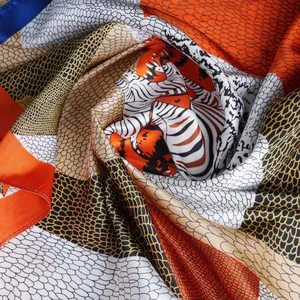 70cm zebra print silk satin scarf for women with elegant orange and blue color blocking