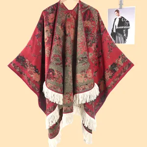 Ethnic floral knit shawl for women with thick red-brown jacquard and white fringe tassels