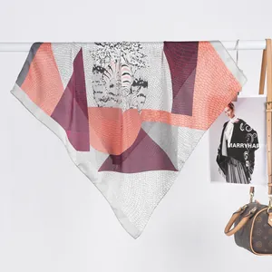 Detail of 70cm satin square scarf with zebra print and geometric color blocks