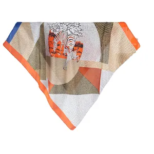 70cm zebra print silk satin square scarf with orange border and geometric blocks