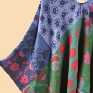 Women's floral jacquard poncho shawl with bohemian patterns for winter warmth