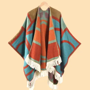 Ethno-Strickschal mit Fransen für Damen, geometrisches Muster, dicker Boho-Poncho