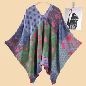 Women's vintage patchwork floral jacquard knit shawl poncho with irregular hemline