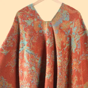 Detailed macro view of the intricate floral jacquard knit texture on this warm winter shawl
