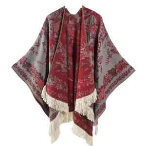 Floral knit shawl poncho with vintage red floral patterns and white fringe tassels