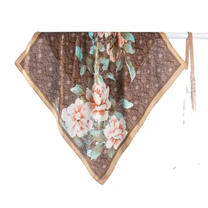 Retro satin square scarf with vintage pink floral patterns and golden border