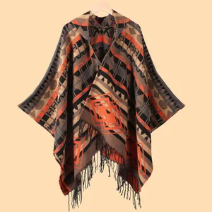Women's geometric hooded poncho cape with ethnic patterns and black fringe trim