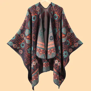 Poncho Chal para Mujer Vintage Jacquard Paisley Grueso Cálido Estilo Bohemio Étnico Capa para Otoño Invierno Casual