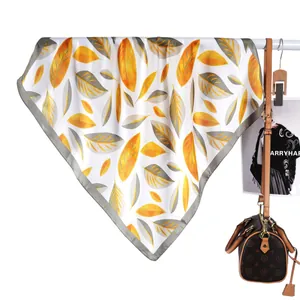 70cm satin square scarf with orange autumn leaf print and gray border for women