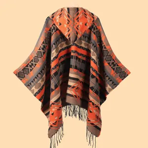Women's ethnic geometric hooded poncho with tassels for travel and camping