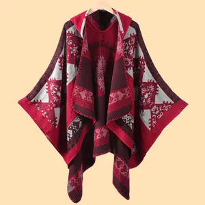 Ethnic knit hooded poncho for women with red and white geometric patterns for winter