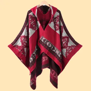 Women's ethnic hooded knit cardigan shawl cloak with geometric patterns and red edging