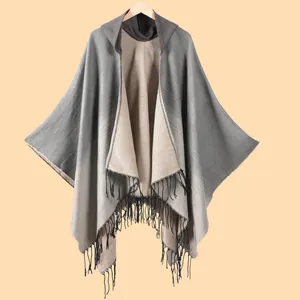 Women's gradient hooded poncho cape with stylish fringe trim and knit texture