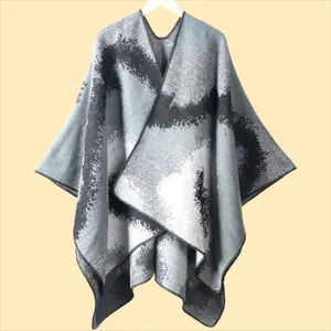 Women's autumn winter knit shawl cape with black and white geometric jacquard pattern