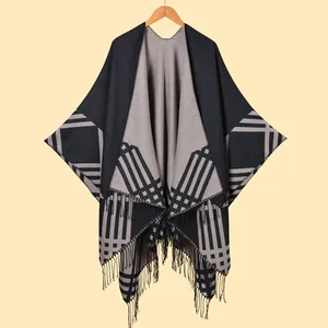 Women's vintage geometric check cashmere-like shawl poncho with tassels in grey tones