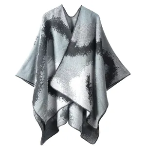 Women's knit jacquard poncho shawl in grey gradient stripes for autumn and winter