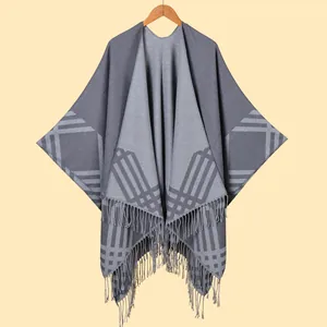 Elegant grey plaid knitted shawl cape for women with tassel hem and geometric pattern