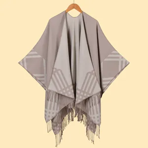 Women Imitation Cashmere Geometric Plaid Striped Tassel Shawl Poncho Elegant Thick Soft Warm Outdoor Travel Blanket Cape