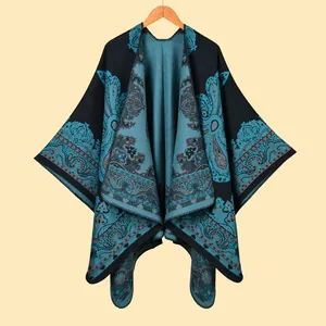 Ethnic thick shawl wrap with teal paisley pattern and geometric borders for women