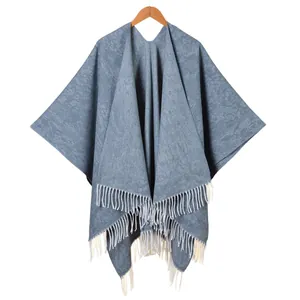 Thick warm blue-grey tassel shawl poncho with elegant jacquard texture for women