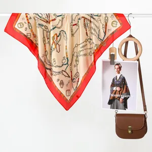 Vintage chain print silk scarf with classic horse harness pattern in beige and red