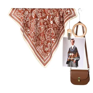 Exotic vintage paisley silk-feel square scarf in rust red with white borders for women