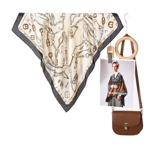 Vintage chain print silk scarf for women featuring equestrian belts and H motifs