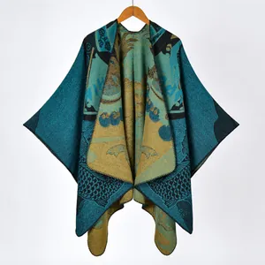 Dames Nieuwe Chinese Stijl Koi Vis Patroon Verdikt Imitatie Kasjmier Sjaal Poncho Vintage Bloemen Jacquard Open Voorkant Warme Wikkel Voor Reizen Fotografie